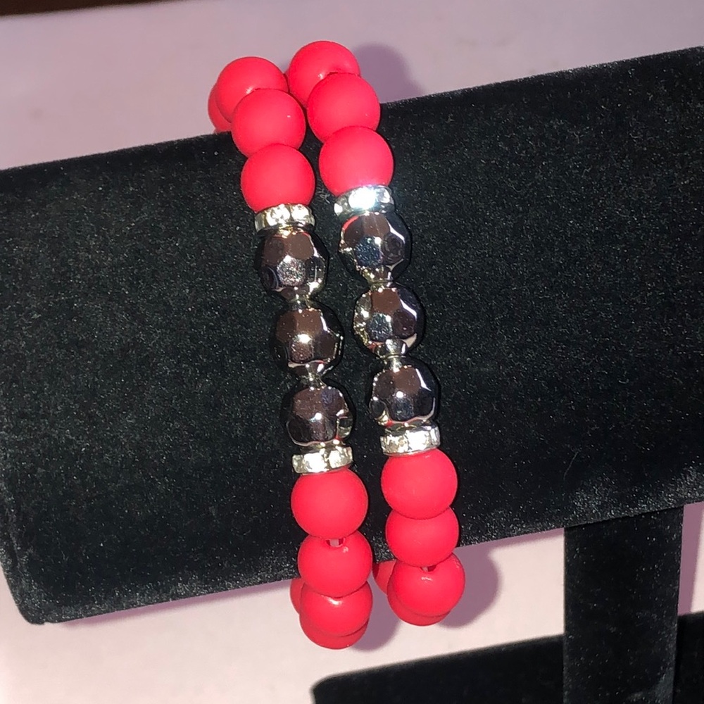 Red and Silver Tone Beaded Boho Stretch Bracelet Set
